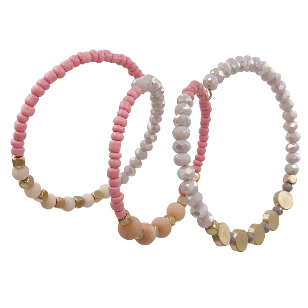 Pink Lavender Grey Gold Glass & Stone Wrap Around Bead Layered Bangle Bracelet